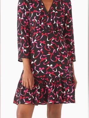 kate spade Black Long Sleeve V-Neck Dress with Pink & Red Ribbon Print